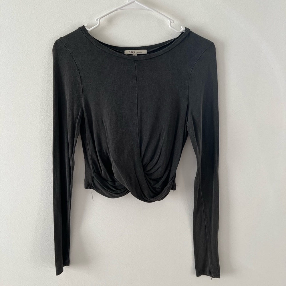 Dark grey twist front long sleeve top